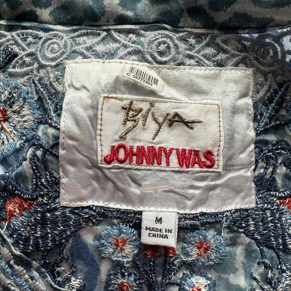 Johnny Was Biya Bluewell Chiffon Silk Embroidered Blouse BWomens Size M Boho Art - Picture 10 of 12